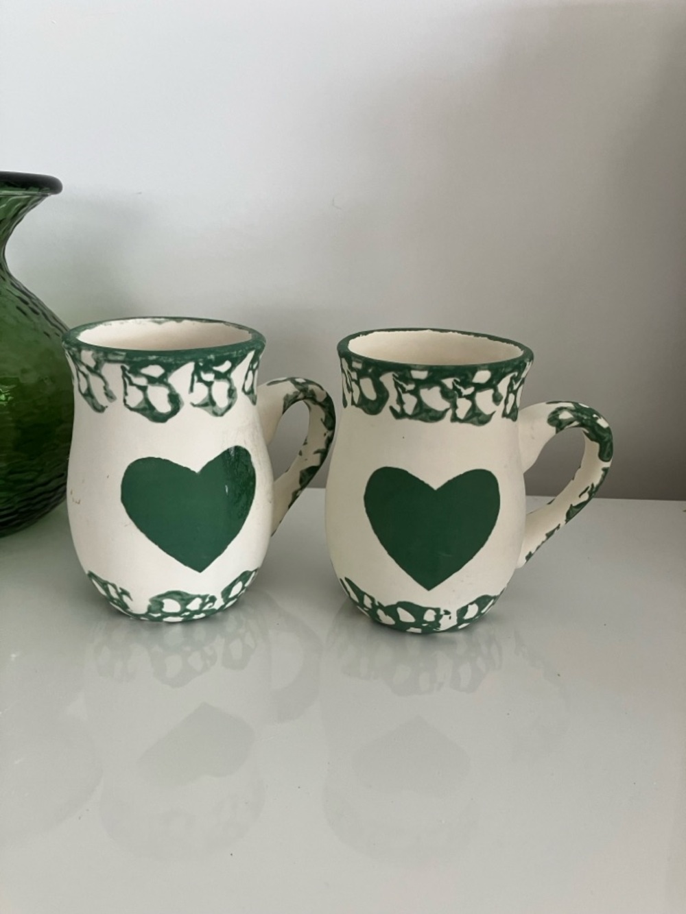 Cream Earthenware Mugs with Green Heart Accents (Pair)